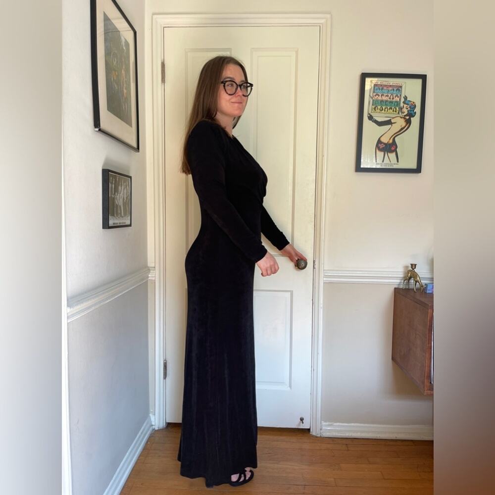 90s Vintage Slinky Black Stretch Long Sleeve Maxi Dress - Picture 4 of 14